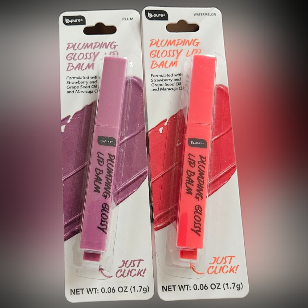 NWT 》2×《 B•PURE PLUMPING GLOSSY LIP BALMS: WATERMELON + PLUM!